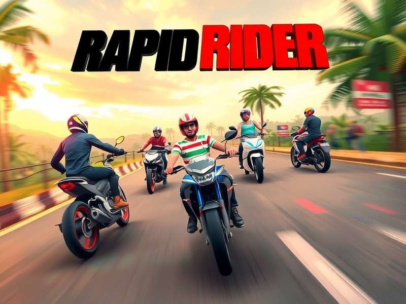 Rapid Rider Game Cover Art with Indian Street Racing Scene and Colorful Bikes
